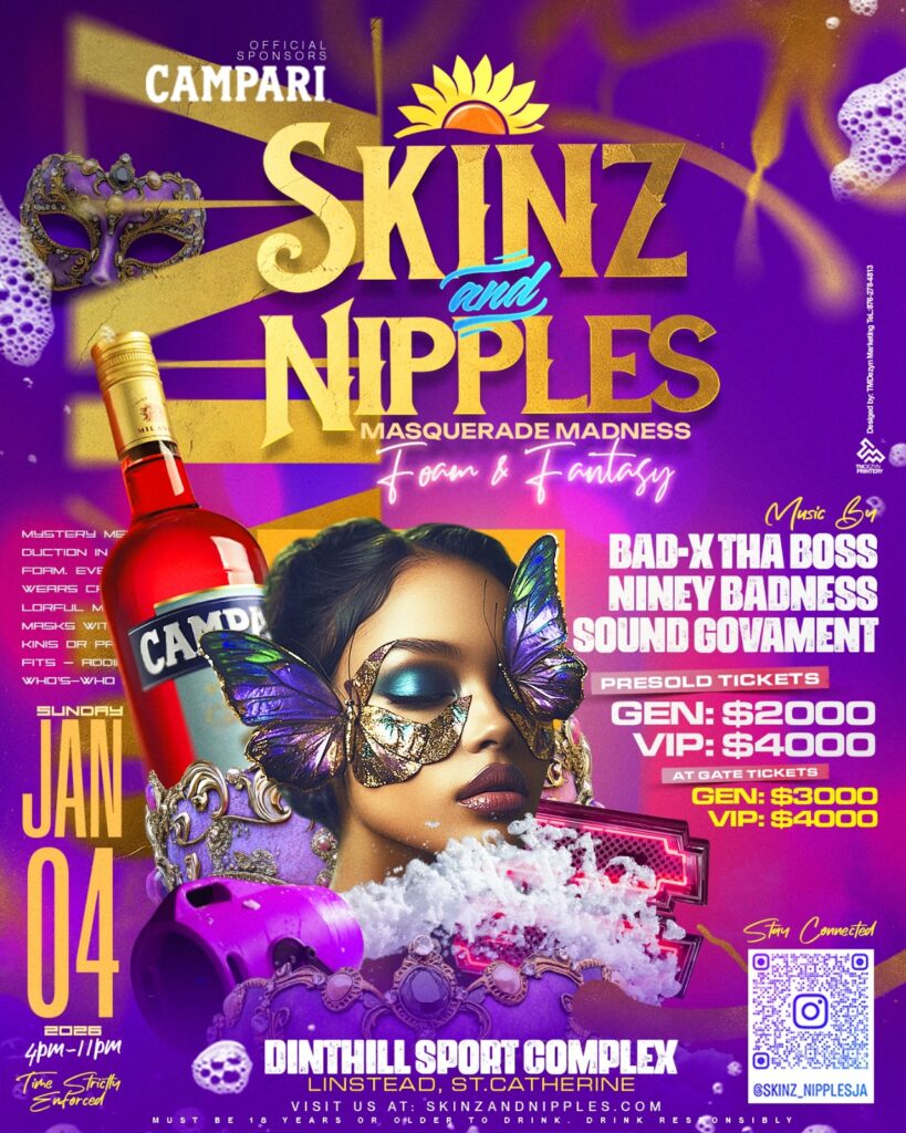 Skinz & Nipples: Masquerade Madness – Foam & Fantasy event flyer for January 4, 2026 in Linstead, Jamaica