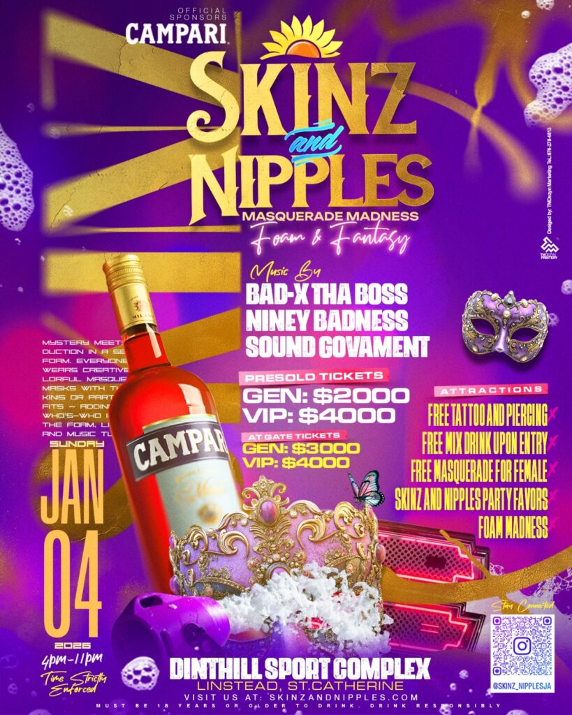 Skinz and Nipples Masquerade Madness party on Jan 4, 2025 at Dinthill Sport Complex, Linstead. Foam, fantasy, music, drinks, and masquerade fun.